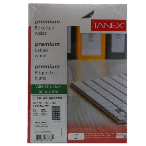 Picture of COMPUTER LABEL TANEX WHITE 38 × 21.2 MM 50 SHEETS A4 / 65 MODEL 65 TW-2165