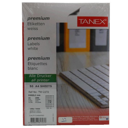 Picture of Self-Adhesive Computer Labels, White 50 Sheets 23.3 x 35mm A4 / 72 - Tanex TW-2272