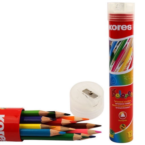 Picture of Wooden Pencils 12 Colors Medical Triangle + Round Metal box + Sharpener Cover Kores Model 93313