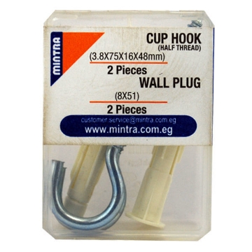 Picture of Cup Hook Half Thread 48 x 16 x 75 x 3.8 mm + Wall Plug 51 x 8 mm – Mintra 94508