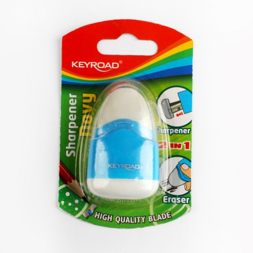 图片 海军蓝塑料削笔器，1 孔配金属刀片 + 橡皮，卡装 1 个 – Keyroad 型号 KR971057