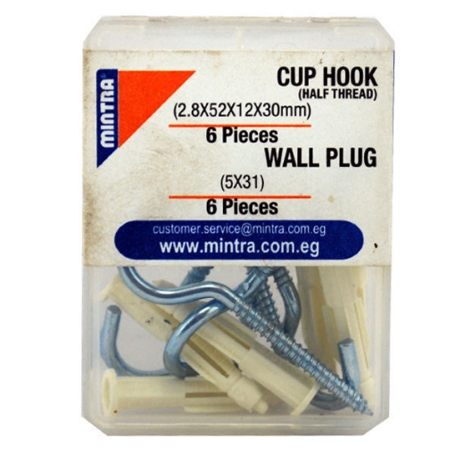 Picture of 6 Cup Hook 30 x 12 x 52 x 2.8 mm + 6 Plastic Wall Plug 31 * 5 mm - Mintra