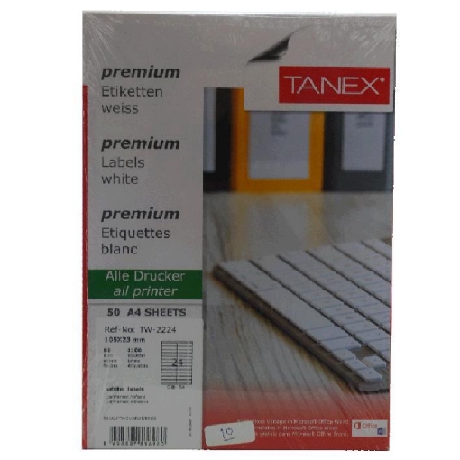 Picture of Computer Labels, White 50 Sheets 24 Rectangles, 23 x 105 mm A4 - Tanex TW-2224