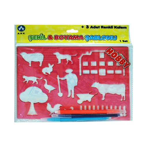 Picture of Animal Stencil Template Red + 3 Fluorescent Color Pens - Ark 