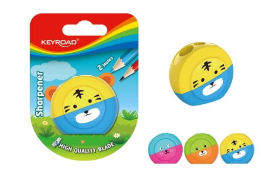 Image de Taille-crayon en plastique avec lame en métal, 2 trous + réservoir, 1 pièce sur carte – Modèle Keyroad KR971893