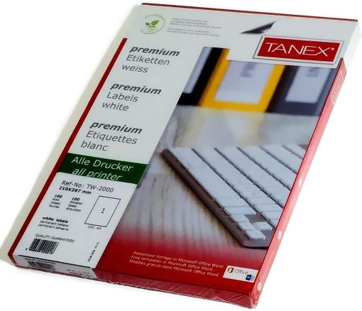 Picture of Computer Labels 50 sheets / 4 Labels, 105 * 148.5 mm, White Paper, A4 - Tanex