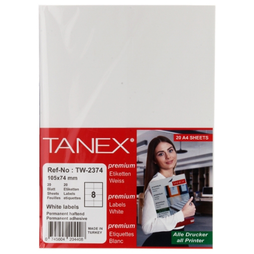 Picture of Computer Sticker, White 20 Sheets 8 Rectangles, 74 x 105 mm A4 - Tanix TW-2374