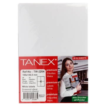 Picture of Computer Sticker, White 20 Sheets 4 Rectangles, 148.5 x 105 mm A4 - Tanix TW2204