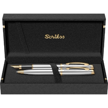 Picture of SCRIKSS OSCAR PEN + FOUNTAIN PEN + 3 CARTRIDGES SET 39 GOLD CHROME IN PREMIUM BOX MODEL 66895  