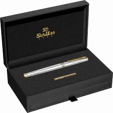 Picture of Silver & Gold Luxury Fountain Pen Set + Catalogue + 6 Ink Cartridges in a Wooden Box - SCRIKSS HERITAGE - 80778