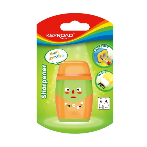 图片 塑料削笔器，2 孔带储屑盒 + 橡皮，卡装 1 个 – Keyroad 型号 KR972118