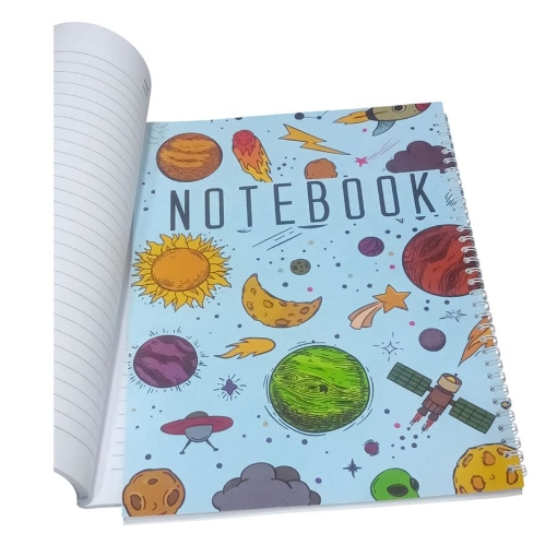 Imagen de Cuaderno universitario con espiral Extra Line 100 hojas rayado, diseño de planetas, tapa couché, tamaño A4